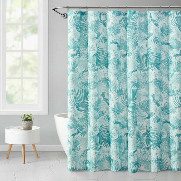 Tropical Green Palm Leaves Fabric Shower Curtain Ribbed Striped Textured Bath - Picture 2 of 5